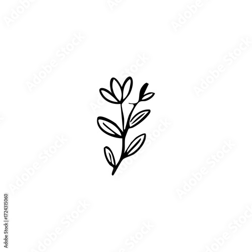 Simple black line drawing of a stylized flower and leaves