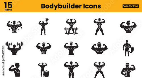 Professional set of 15 black silhouette bodybuilder icons featuring fitness poses, dumbbell lifting, barbell training, and bodybuilding activities.
