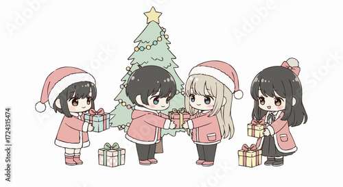 Christmas 2025 cute anime christmas characters exchanging gifts near christmas tree vector illustration design artwork vector