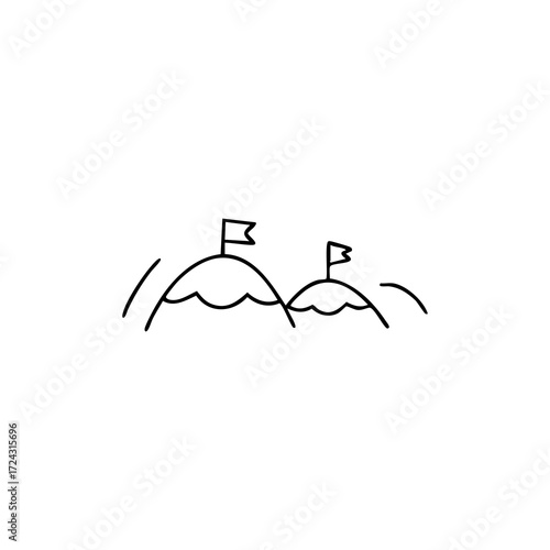 Two simple black line drawings of mountains, each with a small flag on top
