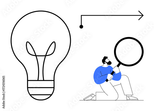 Wallpaper Mural Light bulb symbolizing idea, man examining it with magnifying glass, arrow indicating forward movement. Ideal for innovation, research, strategy, analysis, progress exploration discovery. Simple Torontodigital.ca