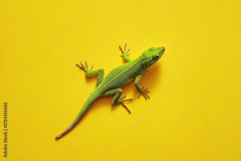 Fototapeta premium A vibrant green lizard on a bright yellow background