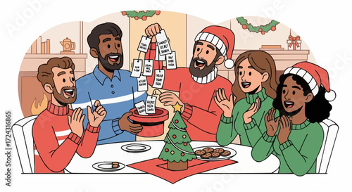 Christmas 2025 secret santa christmas party illustration with friends and family exchanging gifts at home during holidays vector