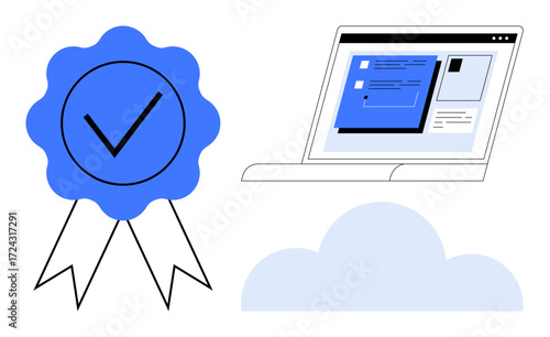 Verified blue badge symbolizing certification, laptop displaying e-learning platform, and cloud icon. Ideal for education, technology, achievement, security, e-learning, professional development