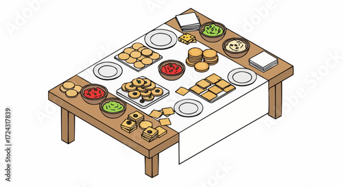 Christmas 2025 isometric view of a party table with snacks and dips for event catering food and buffet style arrangement vector