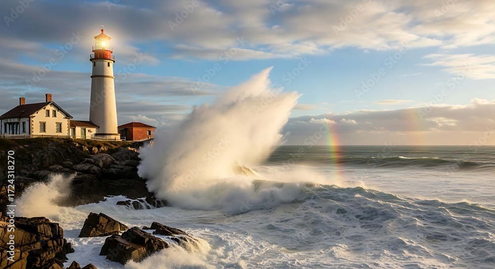 Obraz premium Coastal Lighthouse Wave.