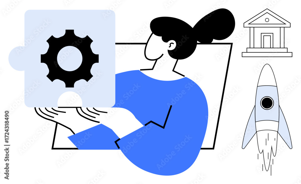 custom made wallpaper toronto digitalWoman holding a gear-shaped puzzle piece with a rocket and bank icon nearby. Ideal for innovation, teamwork, problem-solving, technology, business strategy, finance, startup concept. Simple flat