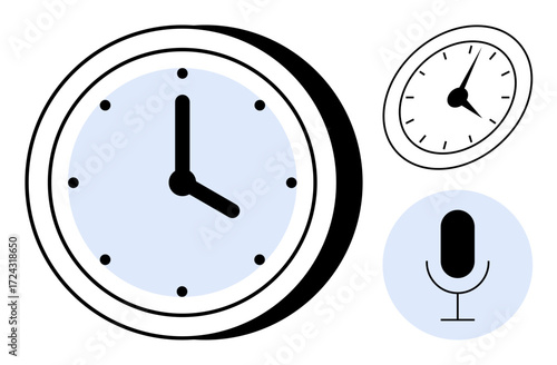 Analog clocks in two designs and a microphone suggest time tracking, scheduling, and communication. Ideal for productivity, planning, workplace, organization, punctuality, management simple flat