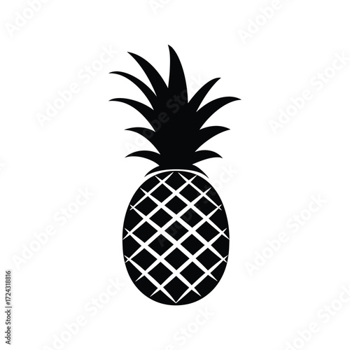 Black pineapple with detailed leaf crown and textured body stands on white background