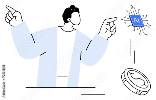 Man gesturing toward an AI chip and a digital currency, representing technology, innovation, and finance. Ideal for artificial intelligence, finance, cryptocurrency, digital transformation