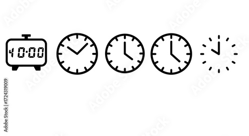 Collection of simple line art icons representing different types of clocks and time, including an alarm clock and analog faces.