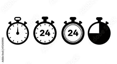 High-quality vector PNG icons of four different stopwatch designs, perfect for websites, apps, or presentations needing simple, clean clock visuals.