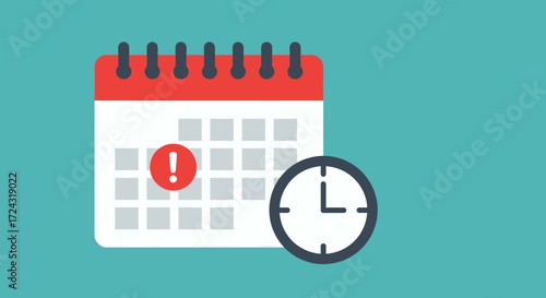 A flat vector illustration of a calendar icon with an exclamation point and a clock, representing deadlines, reminders, or important events for various applications.