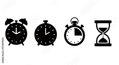 A versatile set of black vector silhouette icons depicting various time-keeping devices like an alarm clock, stopwatch, and hourglass, isolated on white.