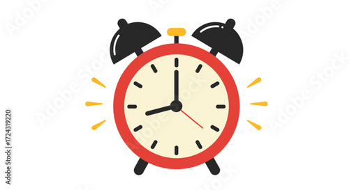 A vibrant vector illustration of a classic red alarm clock, depicted in a flat design style, perfect for time management, punctuality, and scheduling concepts, presented against a clean white