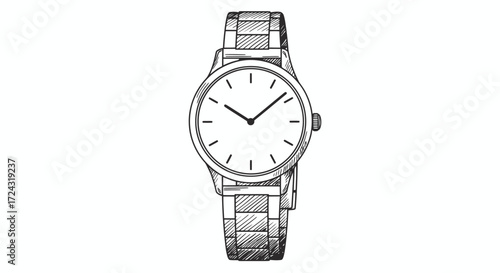An elegant hand-drawn vector illustration of a classic analog wristwatch with a sophisticated metal band, depicting time and precision on a clean white background.