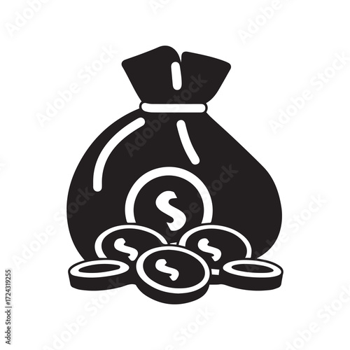 Black sack displaying dollar signs, accompanied by coins representing wealth and prosperity for financial themes