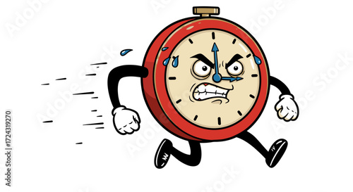 An angry red cartoon alarm clock with arms and legs is running fast, sweating from urgency on a clean white background, symbolizing time pressure.