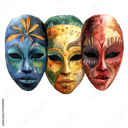 Bolivian Ritual Masks, watercolor drawing vector, isolated on a white background.