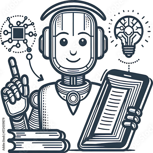 AI Teacher Robot smiling face with Tablet, Books, and Innovative Ideas vector illustration