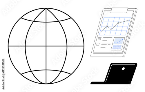Globe, clipboard with graph and checklist, and laptop. Ideal for business, marketing, analytics, globalization, remote work data management education. Simple flat metaphor