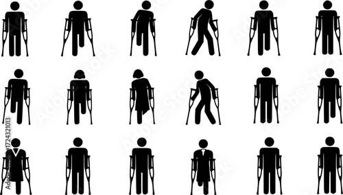 People with crutch, People with crutch silhouette, Patient with crutches silhouette, Patient with crutches , People with crutch vector set.