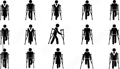 People with crutch, People with crutch silhouette, Patient with crutches silhouette, Patient with crutches , People with crutch vector set.
