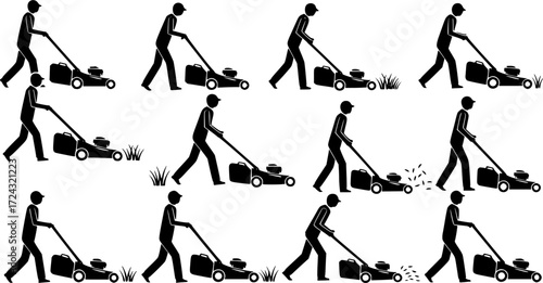 Man pushing lawn mower, Man mowing lawn, Man pushing lawn mower silhouette, Man mowing lawn silhouette, Lawn mowing silhouette, Man pushing lawnmower vector set