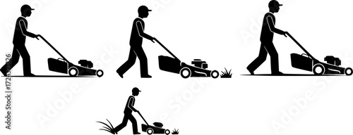 Man pushing lawn mower, Man mowing lawn, Man pushing lawn mower silhouette, Man mowing lawn silhouette, Lawn mowing silhouette, Man pushing lawnmower vector set