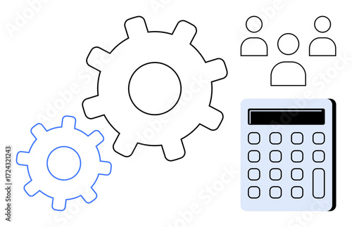 Gears representing processes, calculator symbolizing analytics, and team icons for collaboration. Ideal for teamwork, business planning, workflow automation, process optimization, data analysis