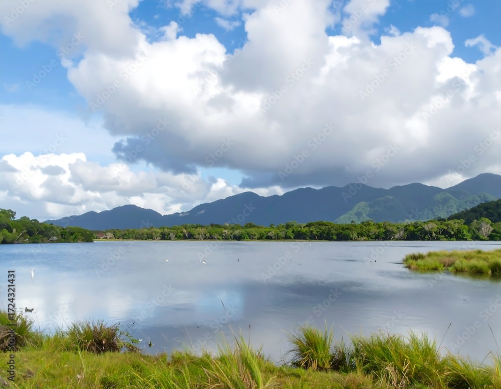 Fototapeta premium Tranquil lake landscape under a partly cloudy sky