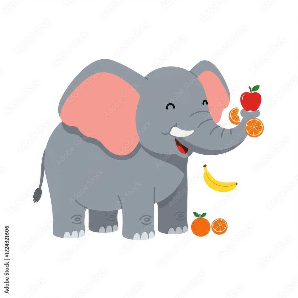 Fototapeta premium Elephant eating leaves with trunk. Wild animal standing in nature. Flat vector illustration isolated on white background. Perfect for wildlife, safari, and jungle concepts.