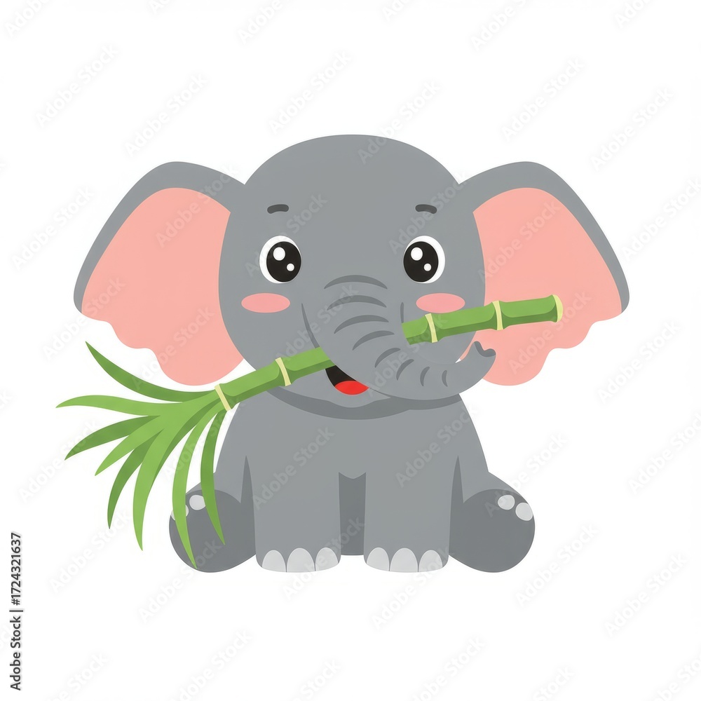 Fototapeta premium Elephant eating leaves with trunk. Wild animal standing in nature. Flat vector illustration isolated on white background. Perfect for wildlife, safari, and jungle concepts.