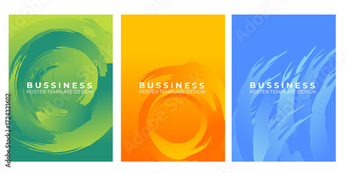 Vibrant abstract gradient poster templates with dynamic brush stroke swirl and circle designs for business promotion.