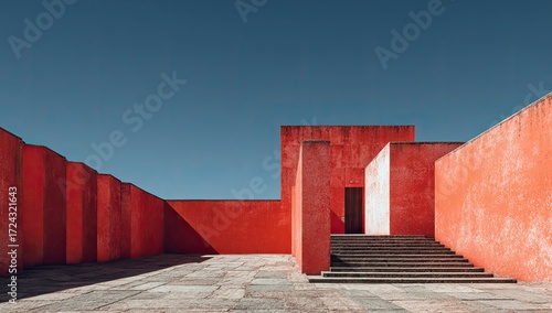 Red architectural structure under a clear sky