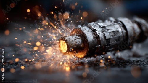 Industrial precision: Close-up view of a metallic piece sparking during machining
