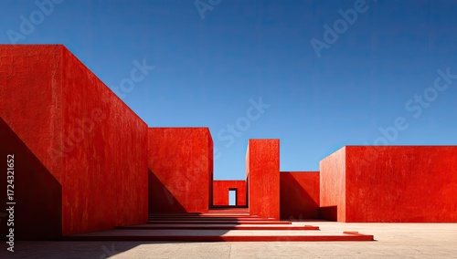 Red architectural cubes against a clear blue sky