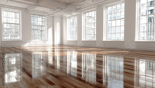 Bright, spacious interior with polished wooden floors and large windows