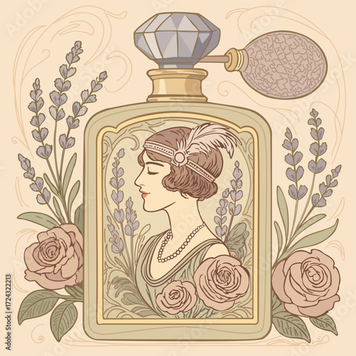 Elegant perfume bottle with flapper on label surrounded with soft flowers. Vector poster