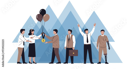 Team celebrates success with gold medal and balloons.