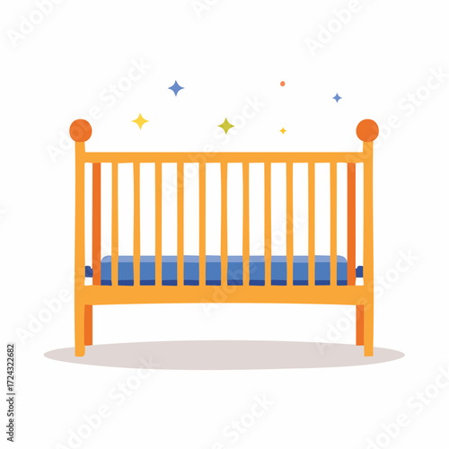 Wooden Crib with Blue Mattress and Sparkling Stars