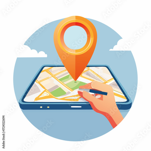 Hand Using Stylus on Digital Map with Orange Location Pin