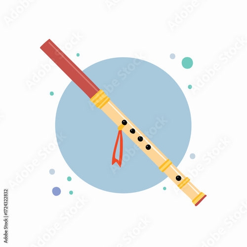 Bamboo Flute with Red Tassel on Light Blue Background