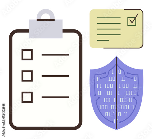 Checklist with three items, approved form, binary shield. Ideal for security, organization, compliance, productivity, digital protection task tracking approval system. Simple flat metaphor