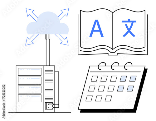 Cloud icon with arrows, server, open book with multilingual symbols, calendar with highlighted dates. Ideal for cloud computing, data management, global connections, scheduling, translation