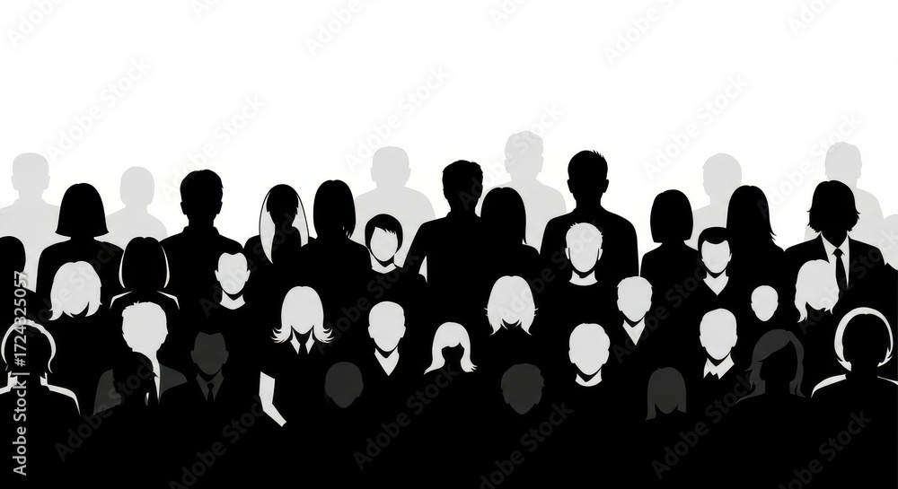 Obraz premium Silhouette Crowd Illustration: A Diverse Group of People in Black and White