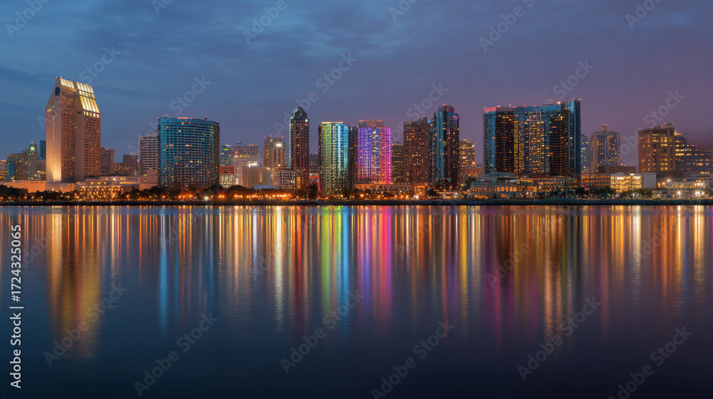 Fototapeta premium Vibrant city skyline reflecting on water at twilight, illuminated buildings create a colorful display, urban landscape with evening lights and serene atmosphere.