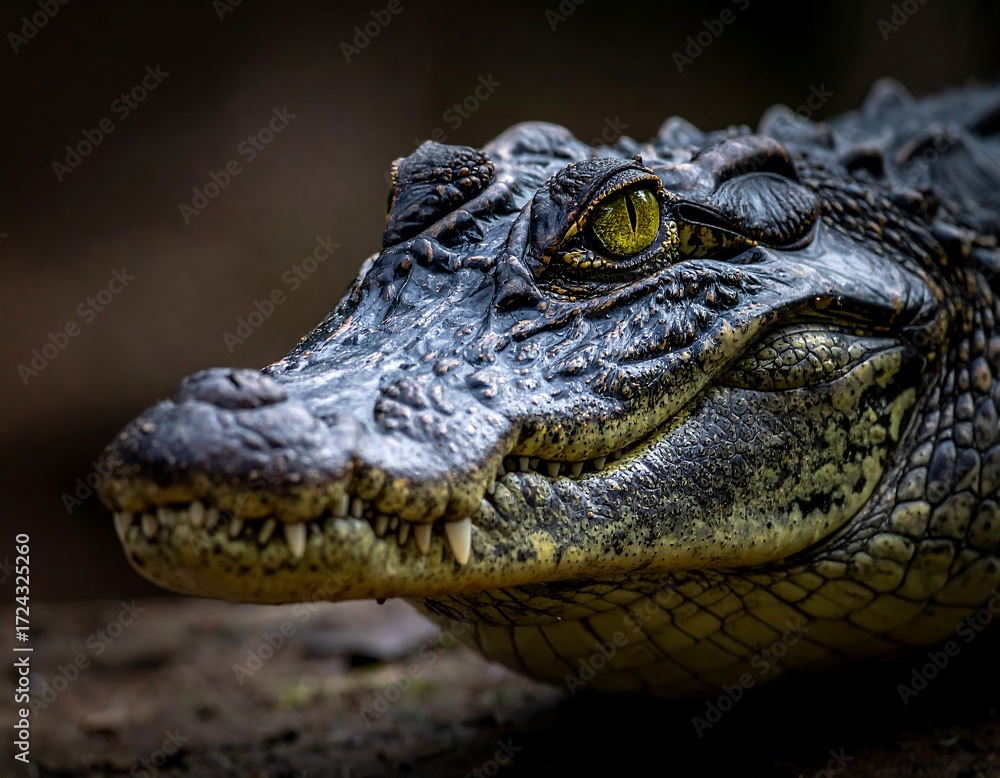 Fototapeta premium Close-up of a crocodile's head, profile view. Sharp focus on the snout, teeth, and eyes. Dark background emphasizes the reptile's features