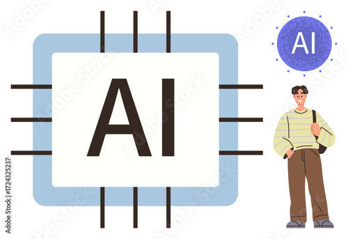 AI processor chip with bold typography alongside a casually dressed man holding a bag, representing AIs role in daily life, education, innovation, and technology. Ideal for technology, education