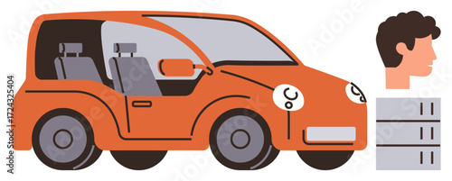 Orange car with visible interiors, human profile, and server stacks representing connectivity, AI, and innovation. Ideal for technology, transportation, AI, innovation automation smart cities